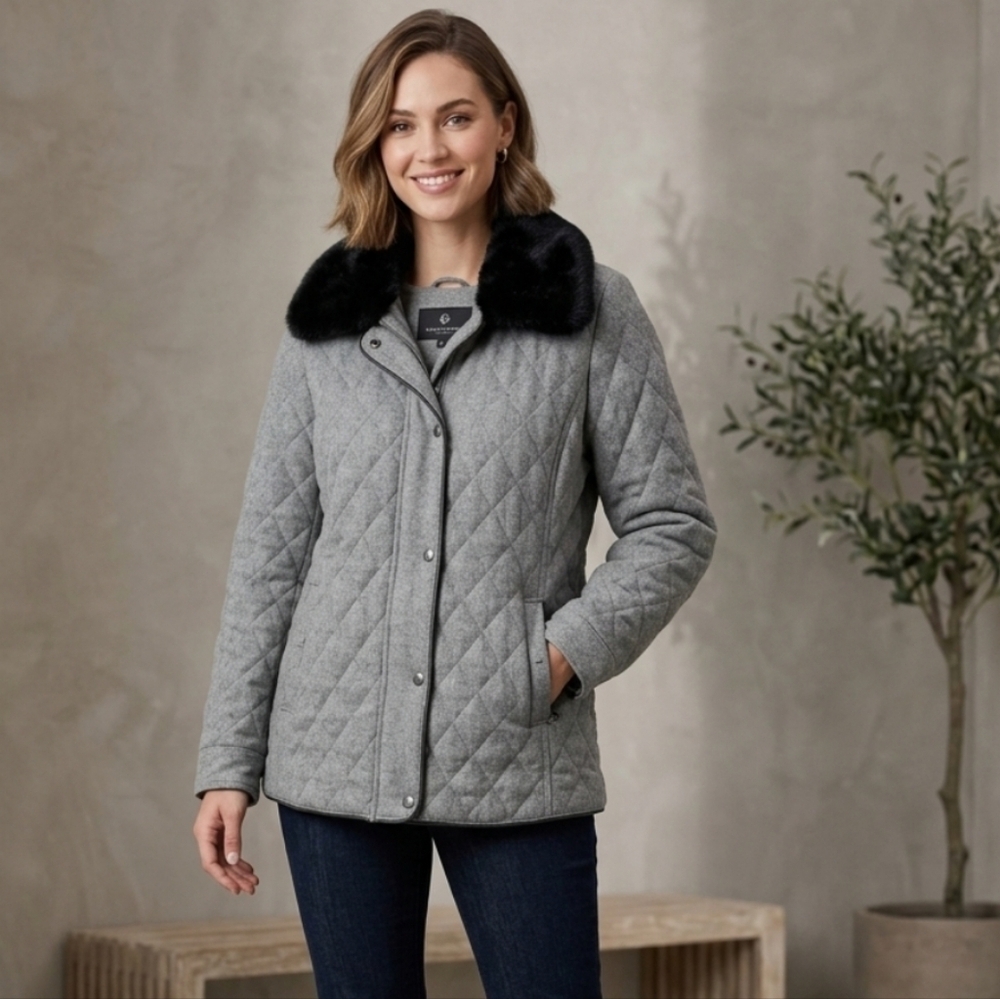 Women's Alfred Sung Wool Blend Women's Gray Quilted Jacket with Faux Fur - Large
